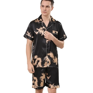 Men's silk satin pajamas set with golden dragon print short sleeve shirt and shorts