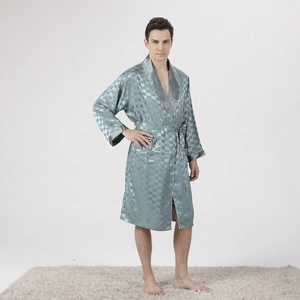 Men's light blue silk satin robe with long sleeves and a checkerboard pattern detail