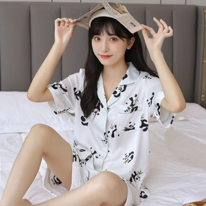 Women's silk short-sleeve pajama set with cute panda print and green piping detail