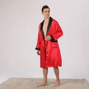 Men's two-piece red silk satin pajama set with long-sleeved robe and matching shorts