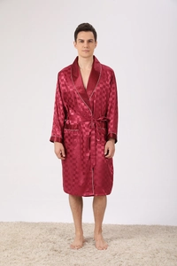 Classic wine red satin bathrobe for men with checkerboard pattern and white piping detail