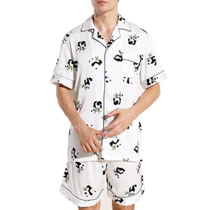 Pyjama homme en soie glacée avec motif panda, ensemble manches courtes et short blanc