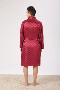 Rear view of burgundy satin robe showing checkered texture and contrast piping detail