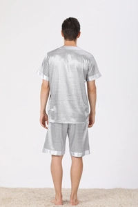 Back view of silver ice silk men pajama set with geometric diamond patterns