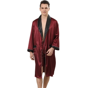 Men's two-piece burgundy satin sleepwear set with long robe and shorts on white background