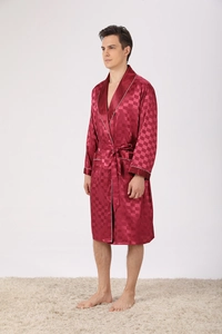 Detail view of burgundy silk satin men's robe with white piping and checkered pattern