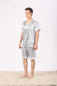 Silver grey ice silk men's loungewear set with V-neck short sleeves and diamond pattern