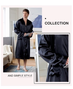 Détail d'un peignoir en satin de soie noir pour homme avec texture et poche latérale