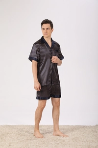 Détails de l'ensemble pyjama en satin bleu foncé pour homme avec rayures dorées fines