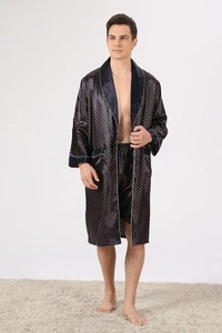 Ensemble de détente en satin bleu foncé à pois dorés avec passepoil blanc sur la robe