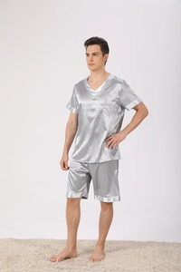 Detail of men's ice silk pajama set with geometric pattern and silver satin trim