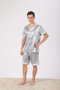 Men's silver ice silk pajamas set with V-neck short sleeves and diamond pattern shorts