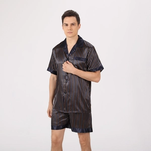 Pyjama Décontracté En Satin Pour Hommes Haut Et Short Manches Courtes Revers Rayé À Pois Loungewear Pour Hommes