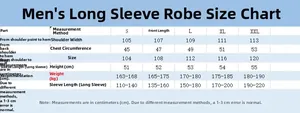 Detailed size chart for men silk satin bathrobe with length and width measurements