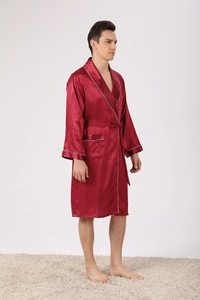 Detail of burgundy satin bathrobe with vertical stripes and white contrast piping
