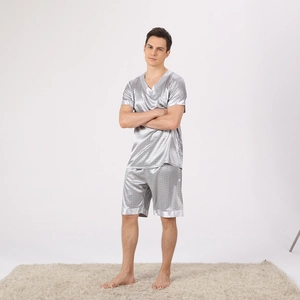 Men ice silk pajama set with silver short-sleeve V-neck top and matching shorts