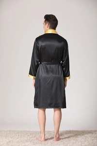 Back view of men's black satin silk bathrobe with luxury gold trim on sleeves