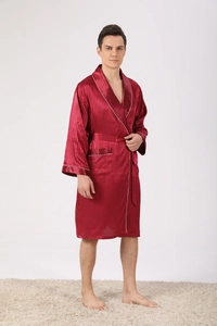 Detail of dark red silk-like men's bathrobe with white contrast piping and striped texture