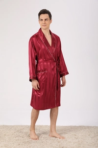 Close-up of burgundy striped satin bathrobe featuring white piping and tie-waist belt