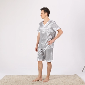 Silver silk-like ice silk men's pajama set with short sleeves and diamond pattern