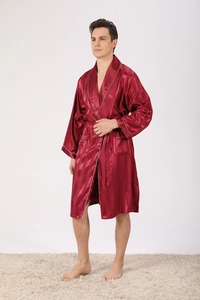 Detail view of burgundy satin bathrobe for men with elegant white trim and striped texture