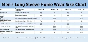 Size chart for men's long sleeve silk pajama set with detailed metric measurements