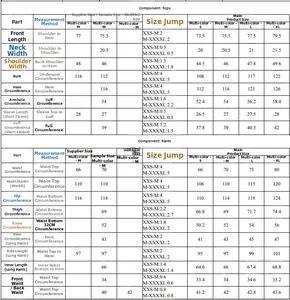 Detailed size chart for men silk pajama sets including tops and pants measurements