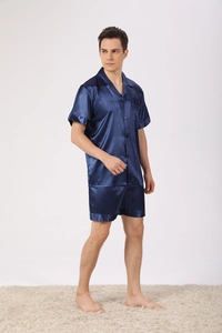 Detailed view of dark blue satin men's sleepwear set with short sleeves and shorts