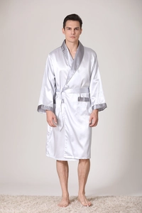 Detail of silver silk satin men bathrobe with dark grey trim and waist belt