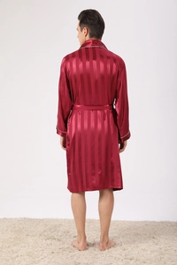 Rear view of men's burgundy striped silk bathrobe showing full length and smooth drape