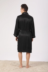Back view of a black silk satin men's bathrobe with pinstripes and white piping detail