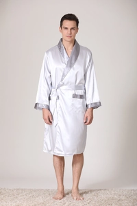 Detailed view of silver satin men's robe with dark grey trim and soft tie belt