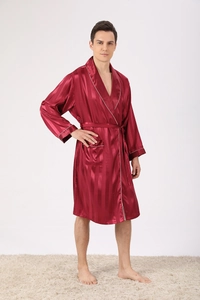 Detail of burgundy satin robe showing vertical stripes and white contrast piping on pockets