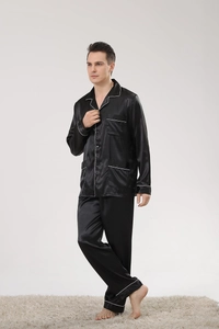 Men's silk-like pajama set with long sleeves, button closure, and white contrast piping detail