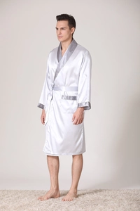 Full view of silver silk satin men's bathrobe with grey piping and waist belt