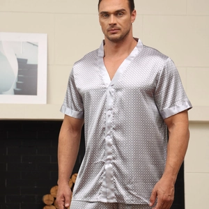 Men's silver-grey silk satin pajama set with geometric diamond pattern and V-neck