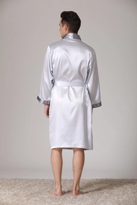 Rear view of silver-gray satin bath robe with dark gray contrast trim and waist belt