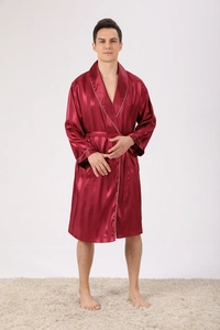 Detailed view of men's burgundy striped silk robe with white piping and waist tie closure