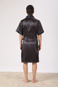 Rear view of men's short-sleeved silk robe in navy blue with orange polka dots