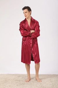 Detail view of burgundy striped silk satin robe with white piping and waist tie closure