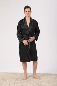Men's black silk-satin robe with vertical stripes and white piping detail on long sleeves