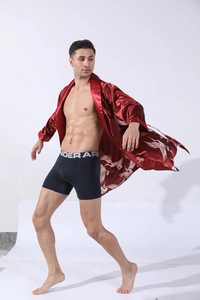 Men's dark red silk bathrobe featuring elegant white crane prints and satin texture