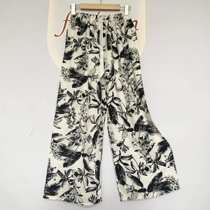 Women's floral print viscose wide-leg pajama pants with elastic waist and drawstring