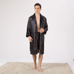 Ensemble pyjama en satin bleu marine pour homme avec pois dorés et peignoir long