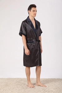 Men's silk satin bathrobe in navy blue with orange polka dots and white piping details