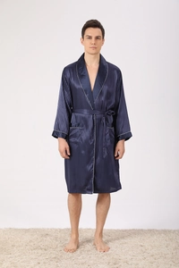 Detail of navy silk robe with vertical stripes, shawl collar and light piping decoration