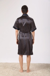 Rear view of men's navy blue striped satin robe with white piping and matching waist belt