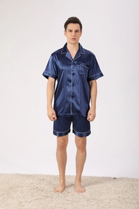 Men's deep blue silk satin pajamas set with contrast white piping and button closure