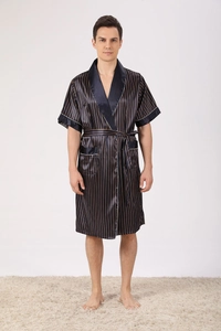 Detail of navy blue striped silk robe showing shawl collar and contrast piping trim