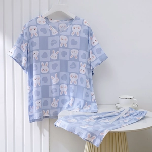 Light blue cotton pajamas set with cute rabbit print and V-neck short sleeve top